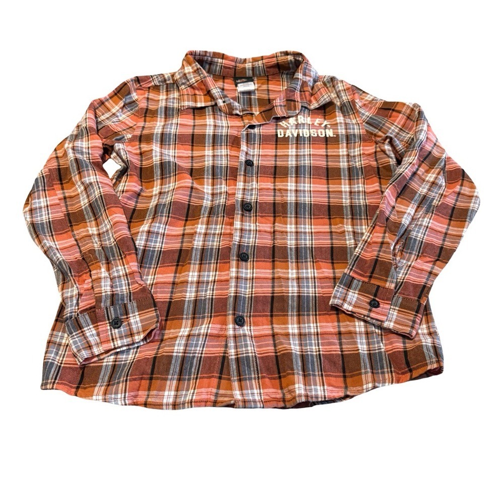 Harley-Davidson Girls‎ Button-Down Plaid Flannel Shirt Orange 12/14 Cotton
